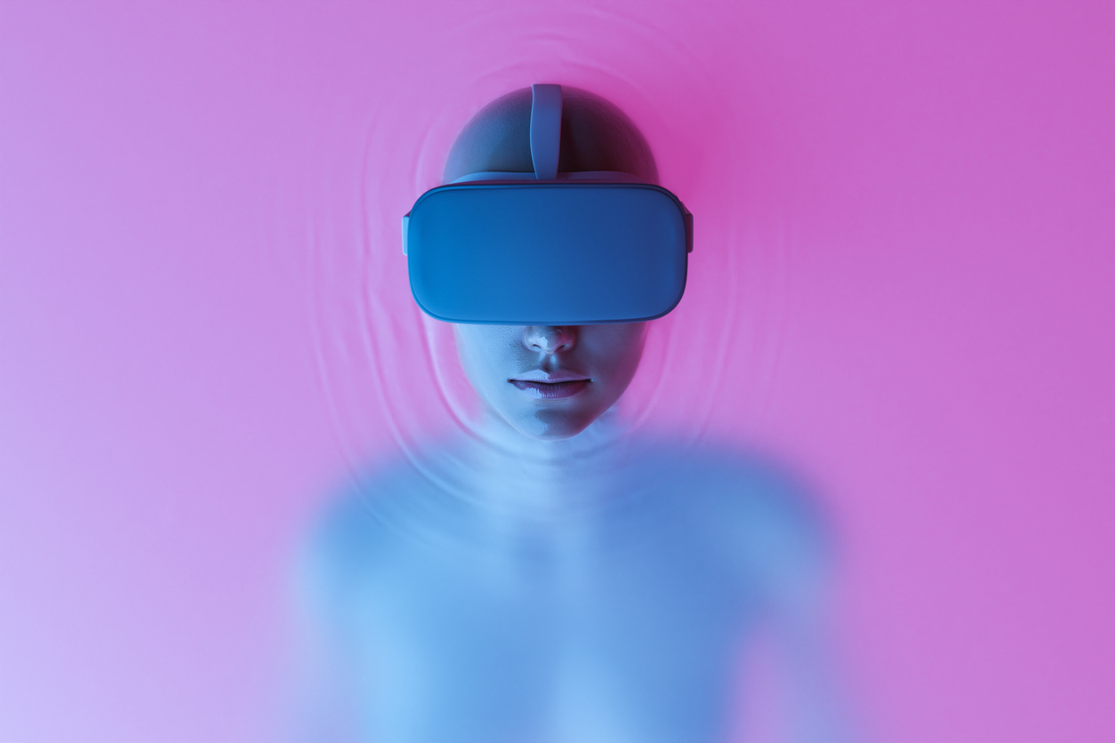 pink animated photo, a person wearing VR lenses