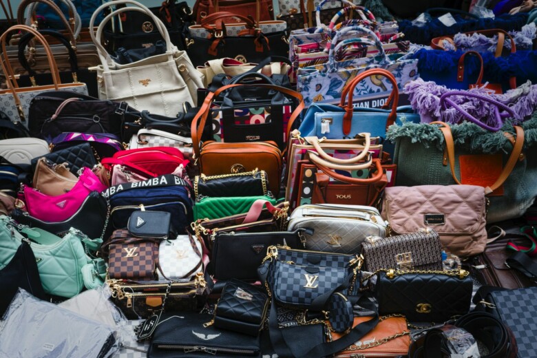 A pile of handbags
