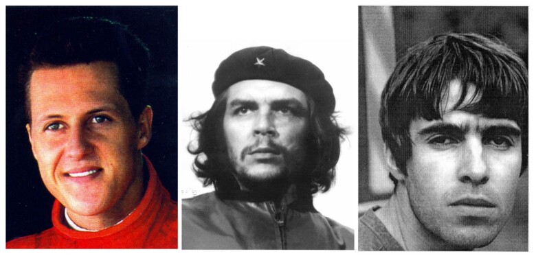 Kuvat 4, 5 ja 6: Vasemmalta oikealle kuvassa 4 Michael Schumacherin (rek.nro 000554428), kuvassa 5 Che Guevaran (002550036) ja kuvassa 6 Liam Gallagherin (001034032) kasvoista otetut valokuvat, jotka ovat täyttäneet erottamiskyvyn edellytyksen. Näiden kolmen valokuvan EU-tavaramerkkirekisteröinnit ovat tänä päivänä jo umpeutuneet. Kuvat: EUIPO’s database eSearch plus.