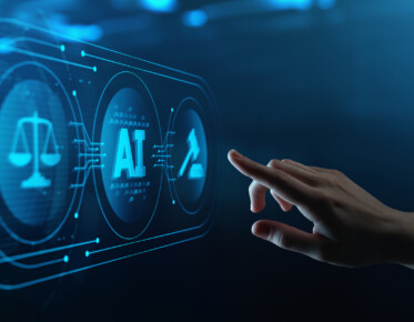 Businessman Pressing Button Touches Virtual Screen with Artificial intelligence AI, Justice Scales, and Judge's Gavel.