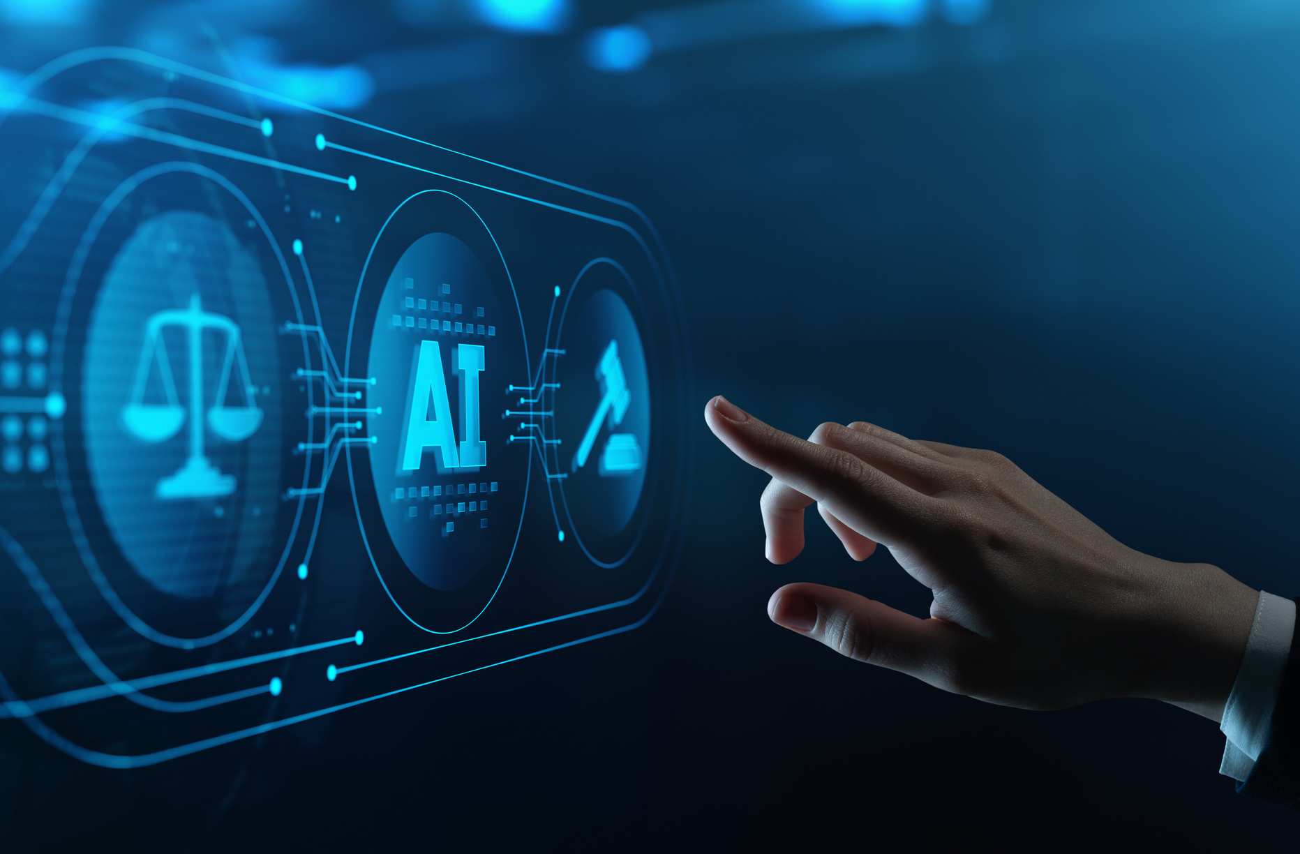 Businessman Pressing Button Touches Virtual Screen with Artificial intelligence AI, Justice Scales, and Judge's Gavel.
