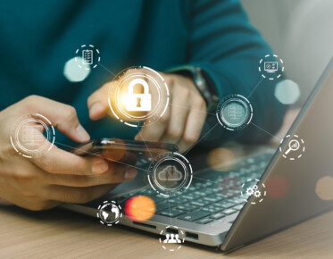 cybersecurity concept, user privacy security and encryption, secure internet access Future technology and cybernetics, screen padlock. Man using his mobile selects the icon security.