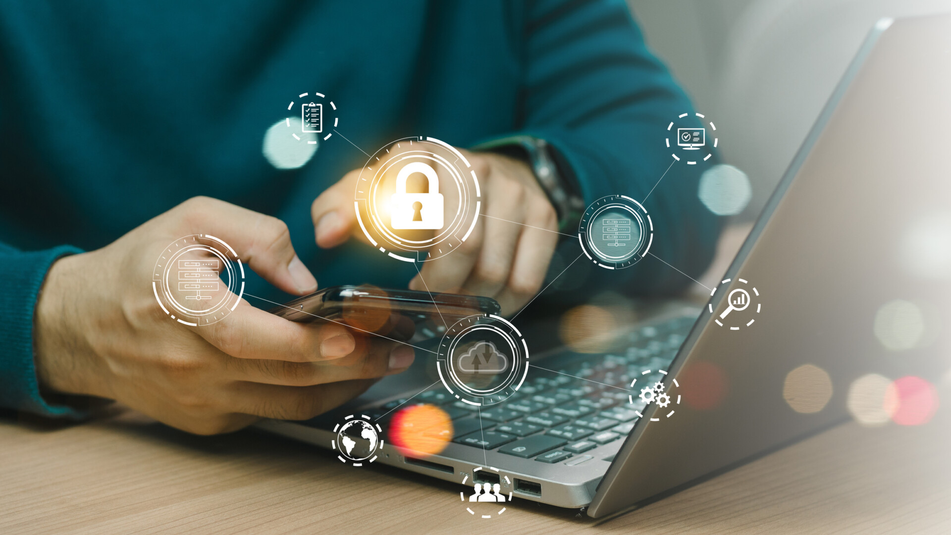 cybersecurity concept, user privacy security and encryption, secure internet access Future technology and cybernetics, screen padlock. Man using his mobile selects the icon security.