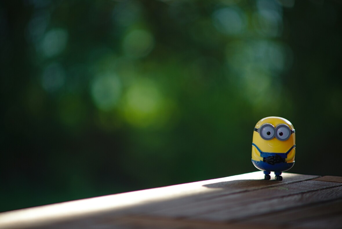 Minion lelu tasolla. Taustalla on vihreä sumea tausta.