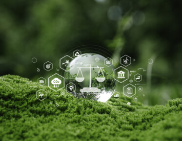 Sustainability environmental law, CO2 reduction. Glass globe on green moss with eco-law icons symbolizing green legal framework and nature protection.