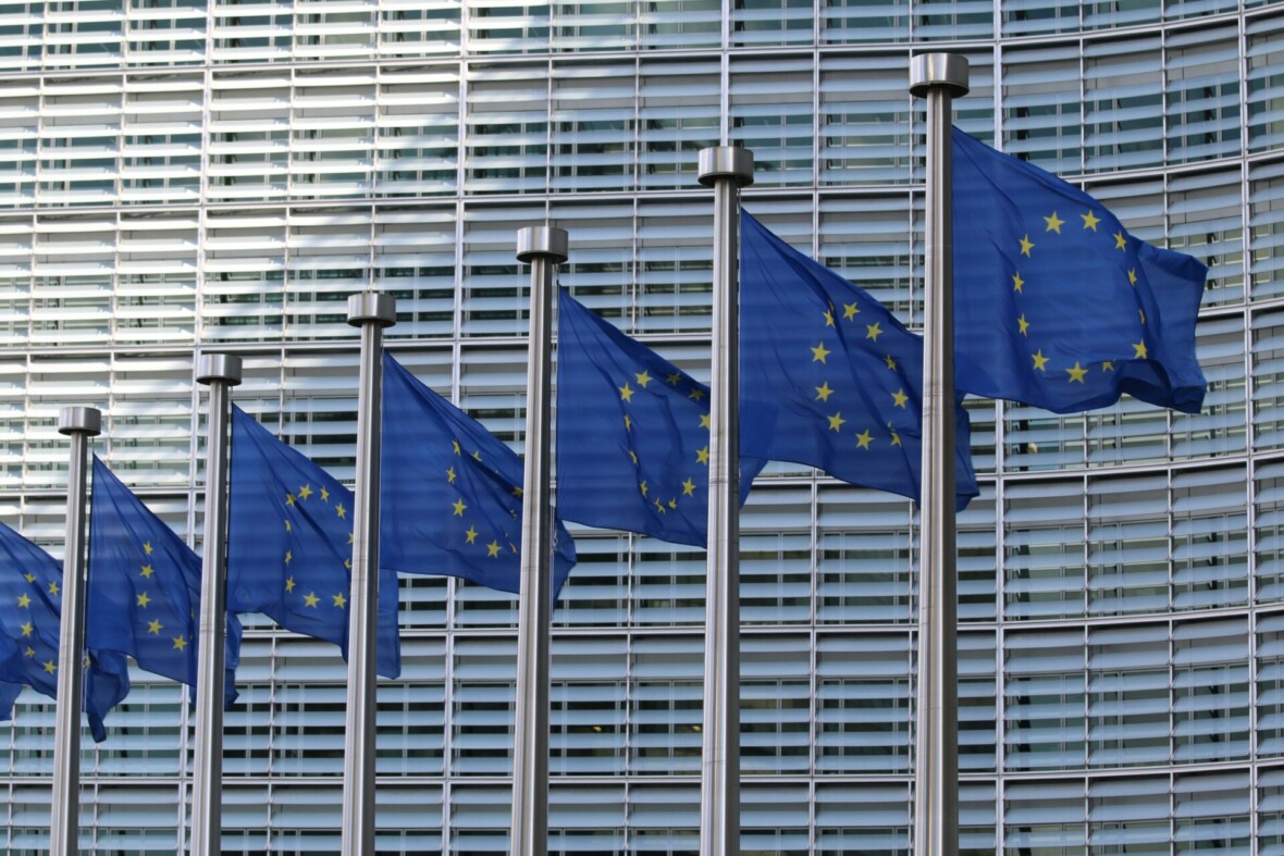 EU-lippuja lipputangoissa rakennusta vasten.