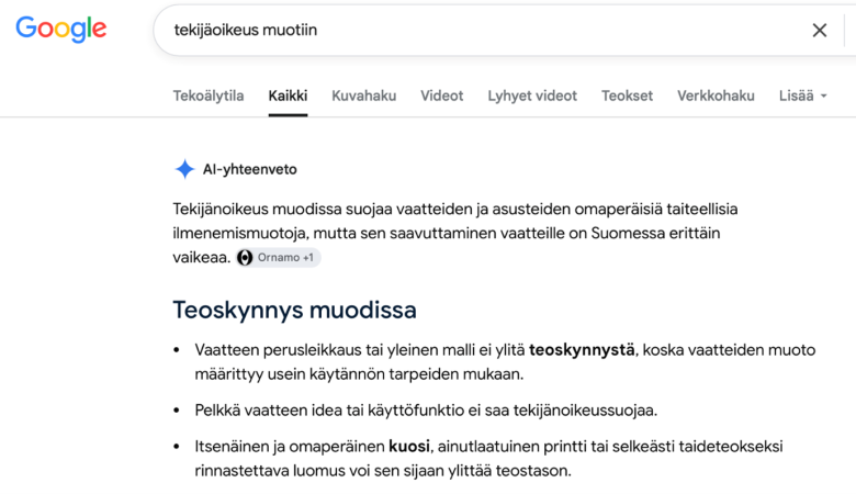 Google-haun "tekijäoikeus muotiin" tulossivulla näkyvä AI-yhteenveto.